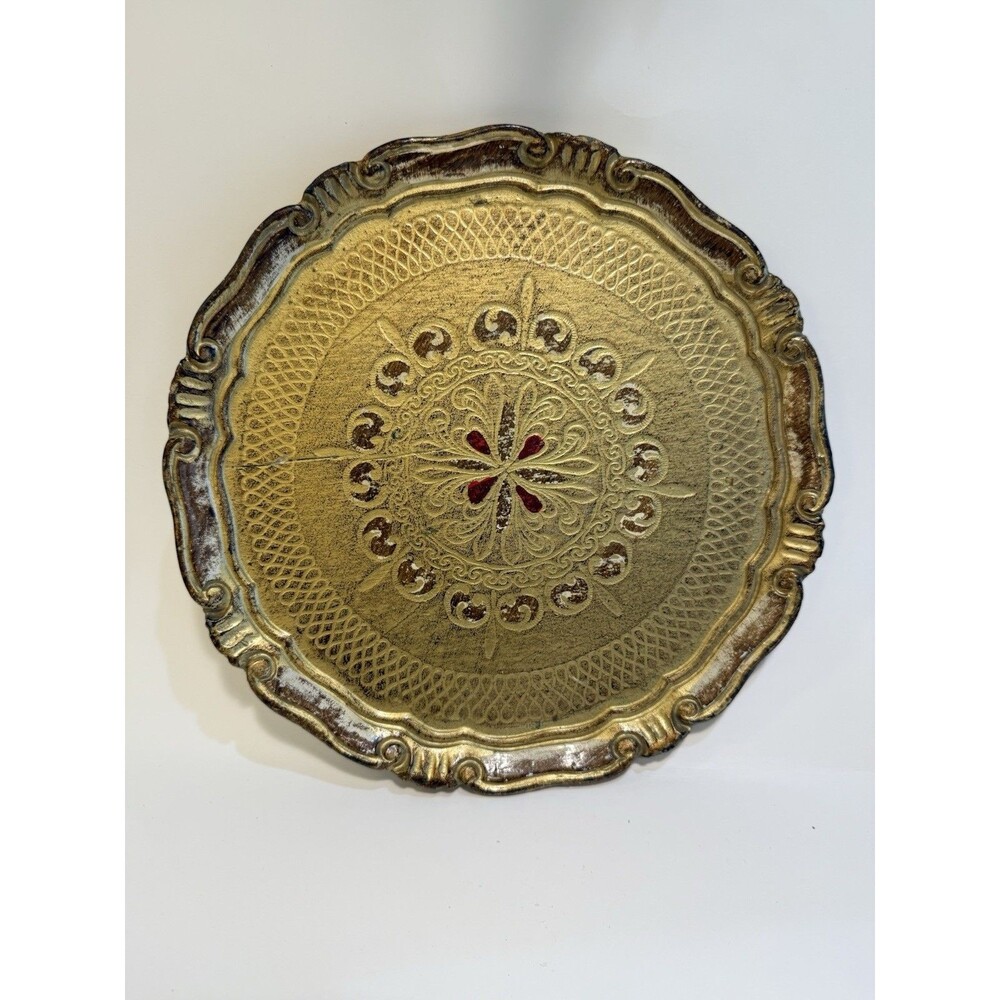 Vtg Italian Gold Florentine Wood Serving Tray Red Blue Toleware 11" Hand painted - Picture 7 of 15